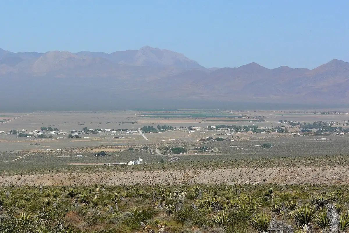 The rural community of Sandy Valley in a desert basin ringed by mountains.
